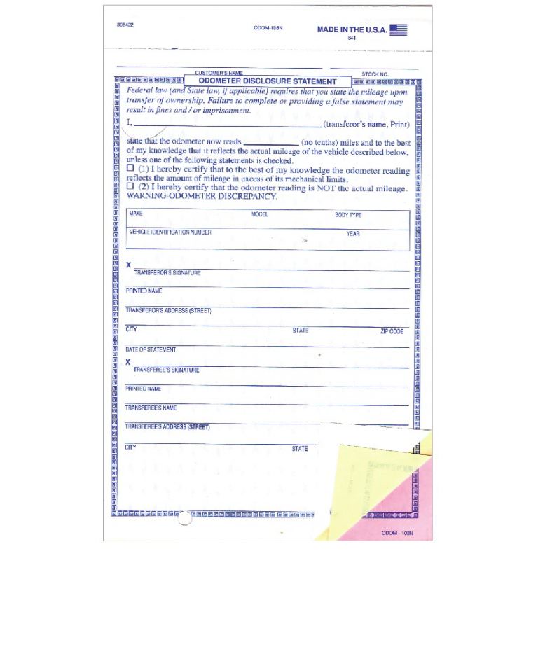 Odometer Statement ODO103N Auto Tech & Niles Marketing LLC